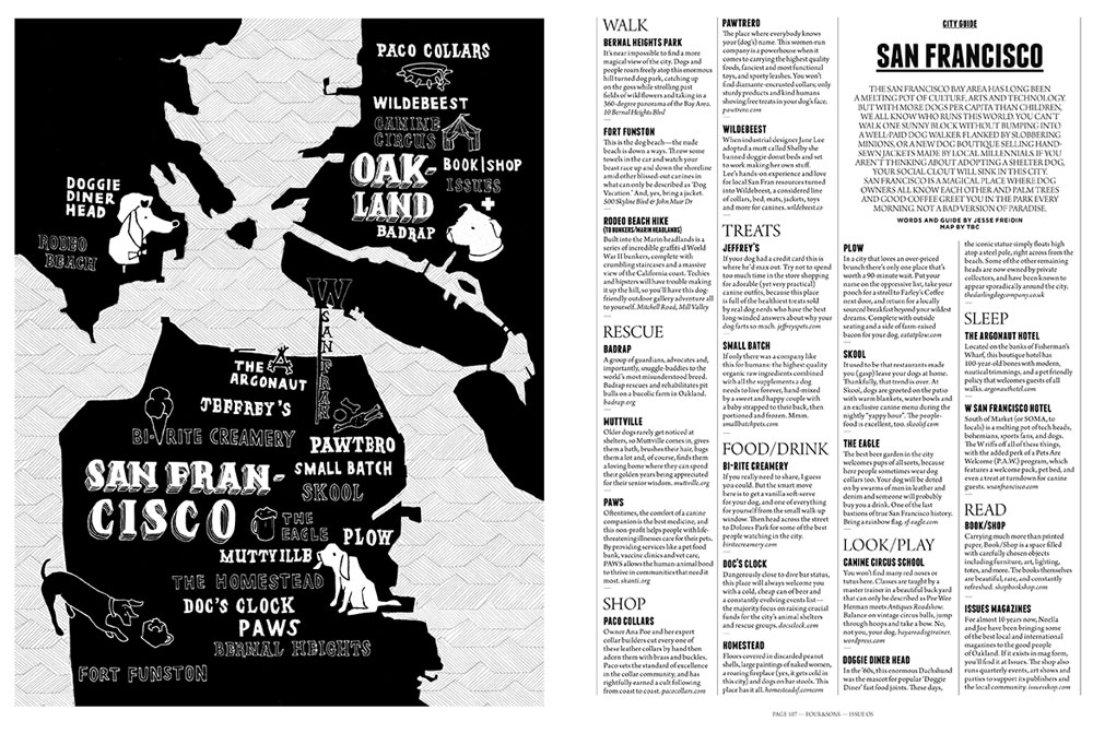 Full open spread of the magazine so the illustration can be seen clearly. Name which are mentioned in the city guide can be seen on the map, along with small dog illustrations.